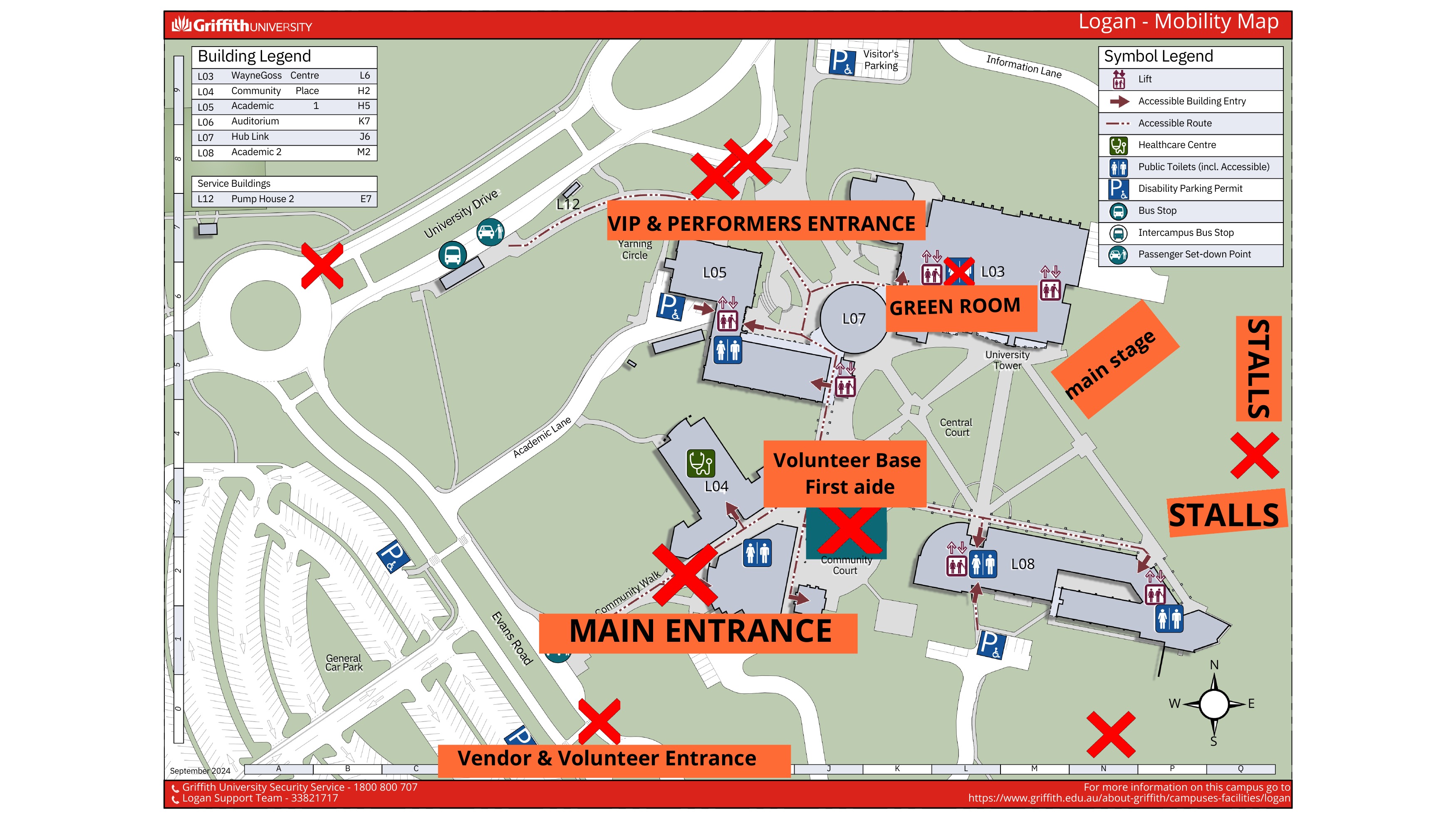 OceaniaFest event site map at Griffith University Logan Campus. Shows the main entrance from Community Walk, vendor and volunteer entrance from Evans Road, VIP and performers entrance by the Yarning Circle, stage and stalls, green room at L03, and volunteer base and first aid at L04.